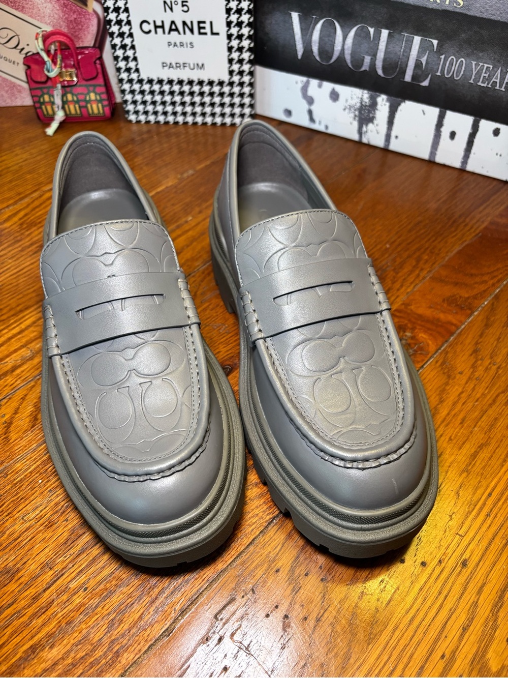Coach CAP32 Signature Embossed Leather Chunky Penny Loafers Gray Women’s 7.5
